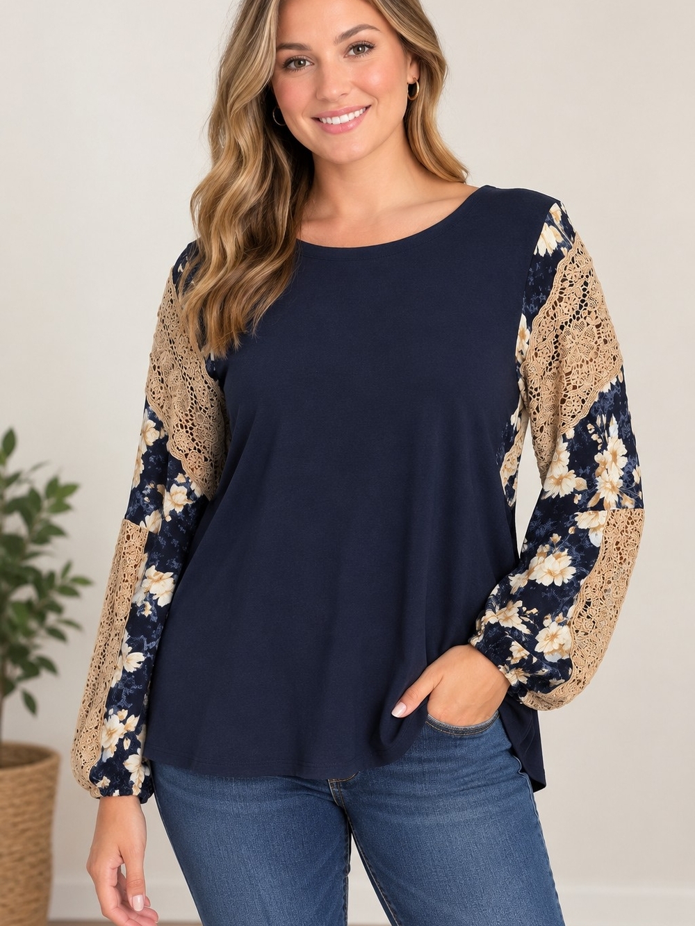 Cato Women's XL Navy Floral Sleeve Blouse Crochet Lace Details Bohemian Knit Top